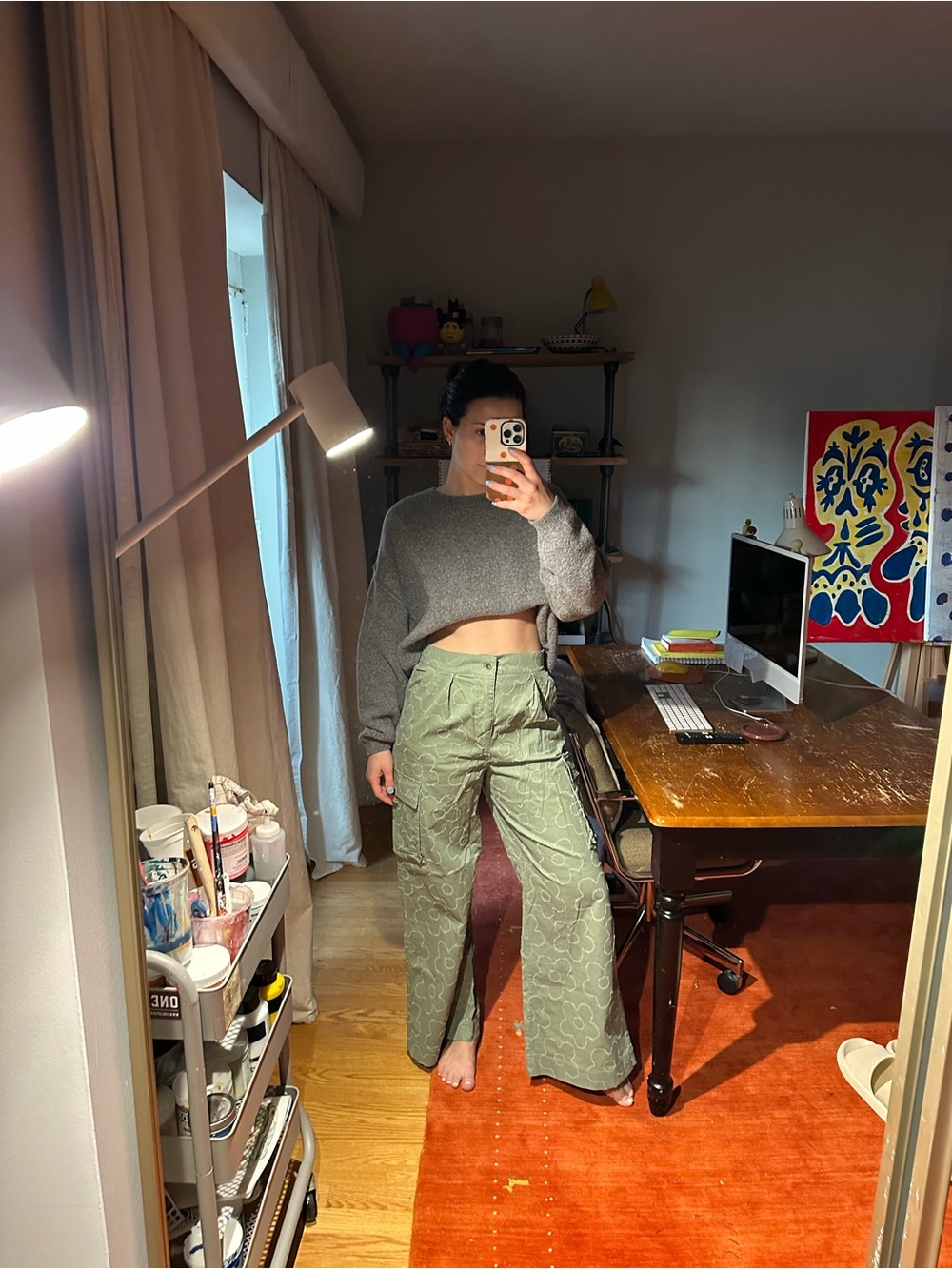 Avec Les Filles Olive Green Embroidered Wide-Leg Pants